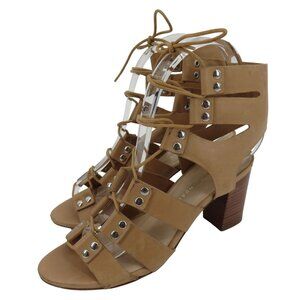 Loeffler Randall 6 B Beige Leather Lace Up Gladiator Chunky Heel Sandals Shoes